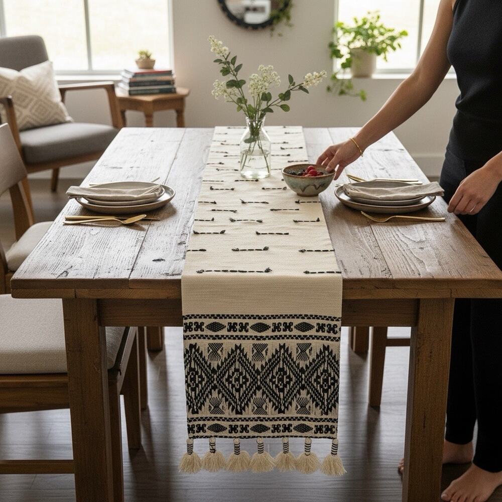 World Market Boho Farmhouse Table Runner Cream Black Tassle Fringe  14"x72" New
